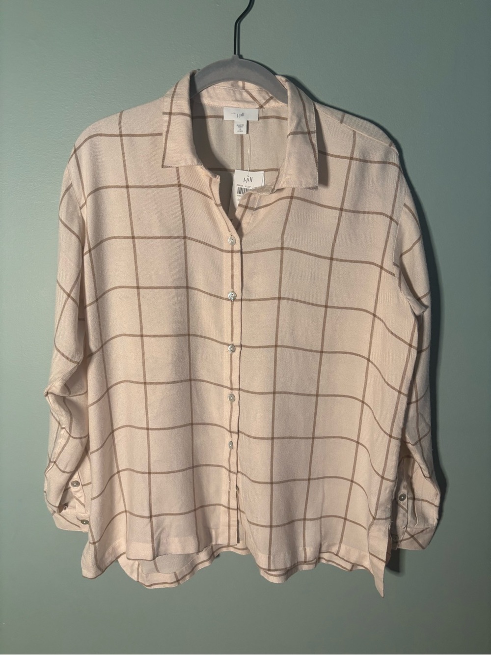 NWT J. Jill Windowpane Plaid Button Down Shirt Long Sleeve Blouse Bisque Pink SP